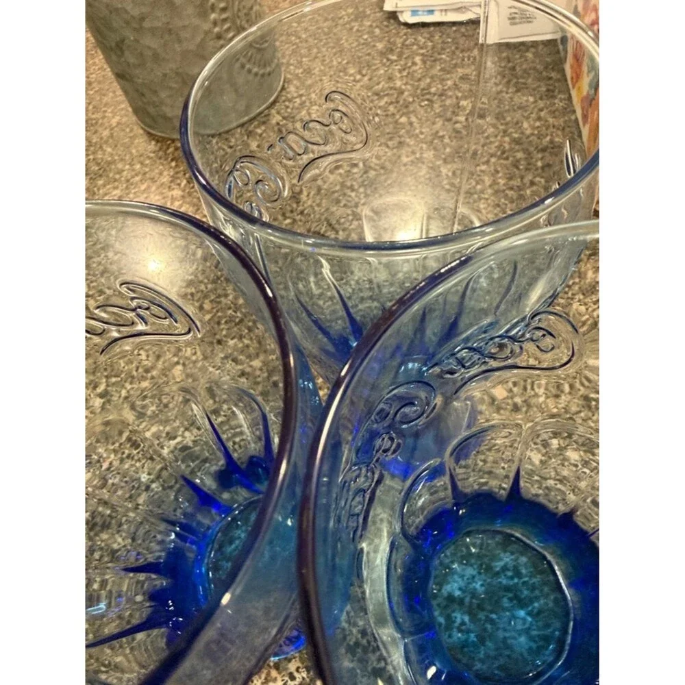Vtg Coca-Cola Rare Cobalt Blue Ribbed Contour Shape Glasses with Embossed Script